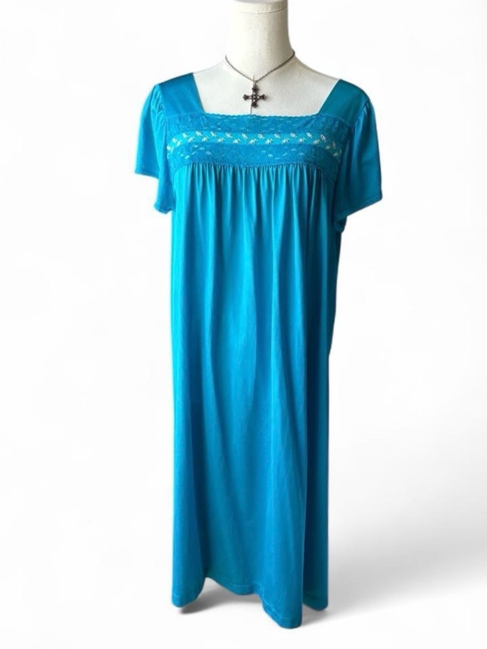 Vintage Teal Lace Lingerie USA Grandma
Moo Moo Nightgown Floral Embroidery Large